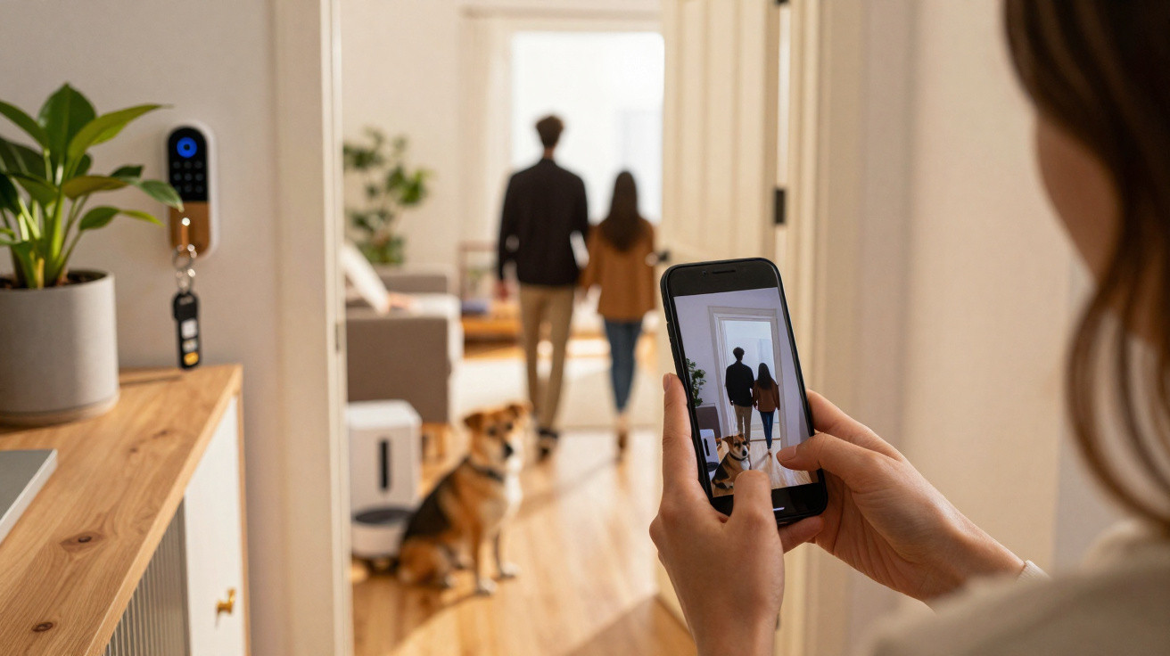 Pessoa a tirar foto com smartphone de casal e cão num corredor iluminado de casa moderna.