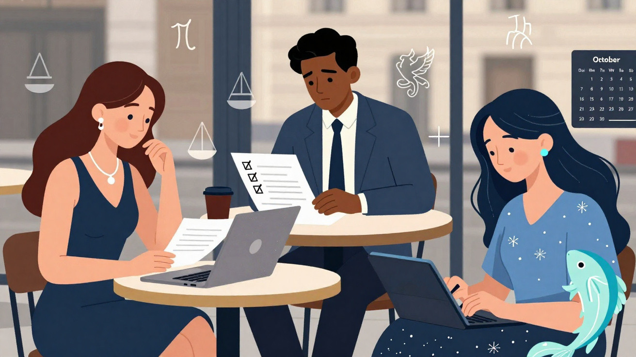 Três pessoas a trabalhar em laptops e documentos numa mesa, com símbolos e calendário visíveis ao fundo.