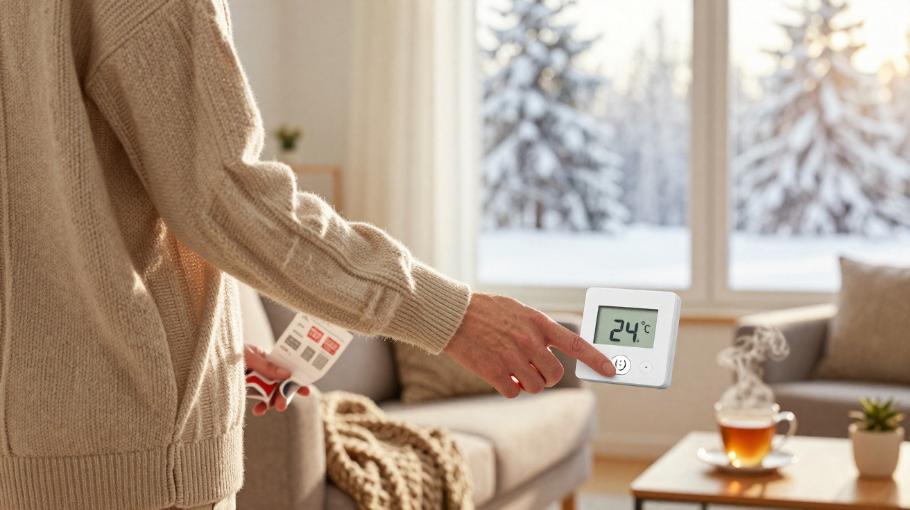 Pessoa a ajustar termóstato para 24°C numa sala acolhedora com vista para paisagem nevada.