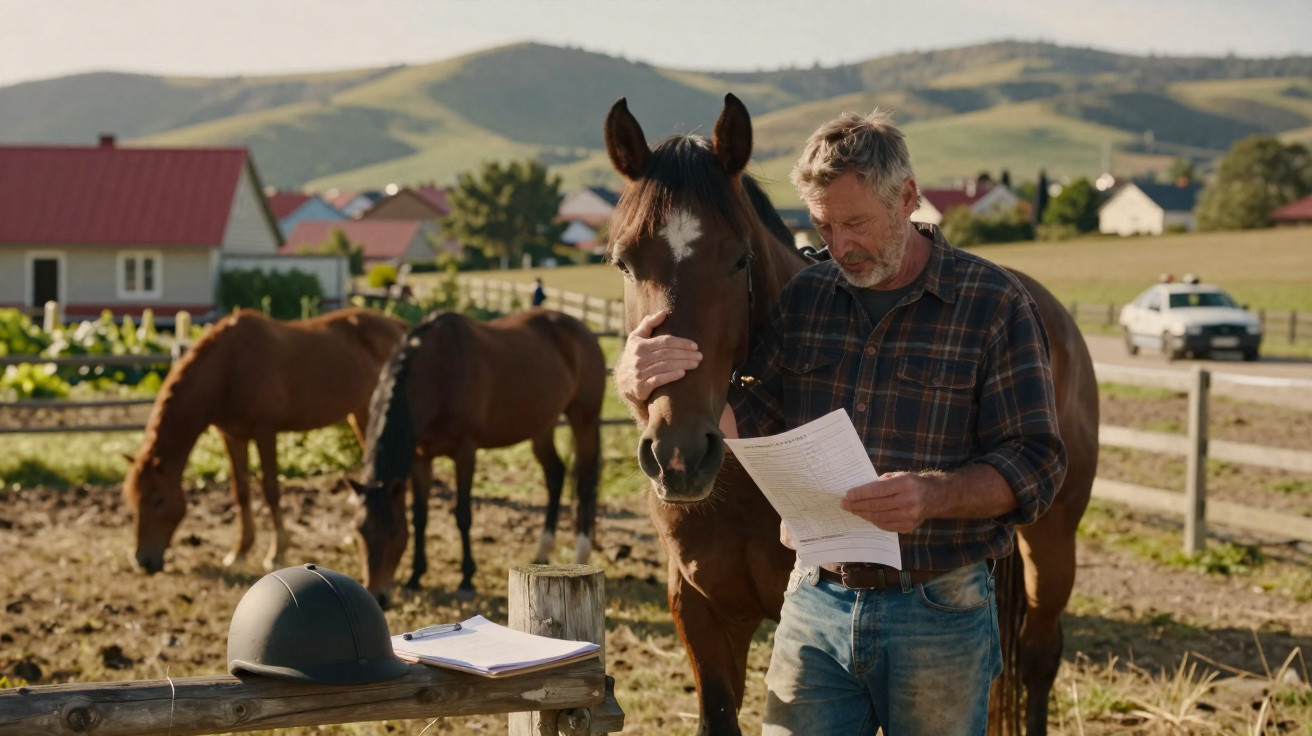 Homem com camisa aos quadrados lê documento ao lado de cavalo em quinta rural com colinas ao fundo.