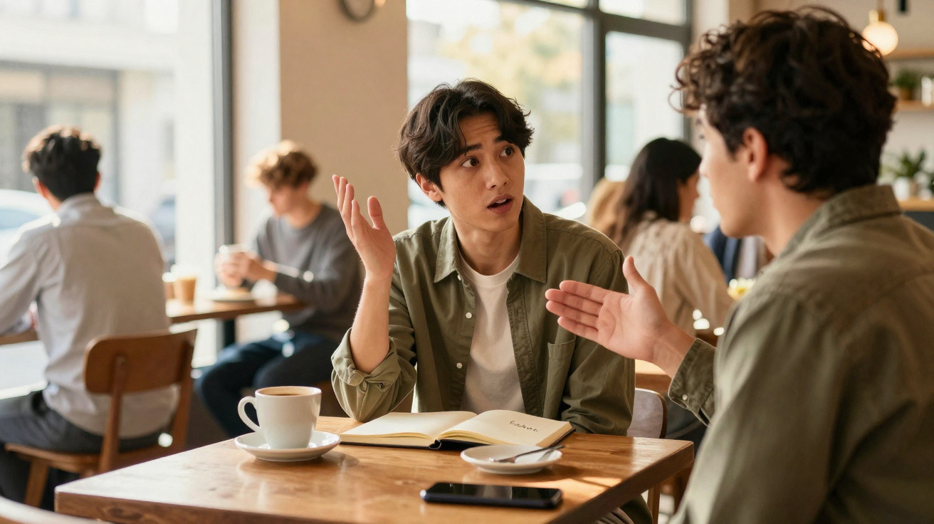 Duas pessoas conversam num café, uma gesticula enquanto a outra ouve surpresa, com um caderno aberto à frente.