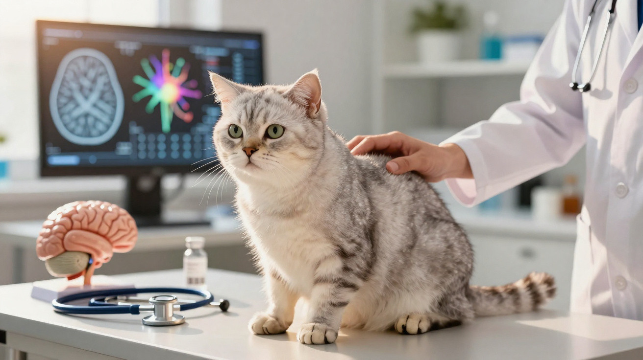 Gato cinzento sentado numa mesa de clínica veterinária com médico a fazer exame.
