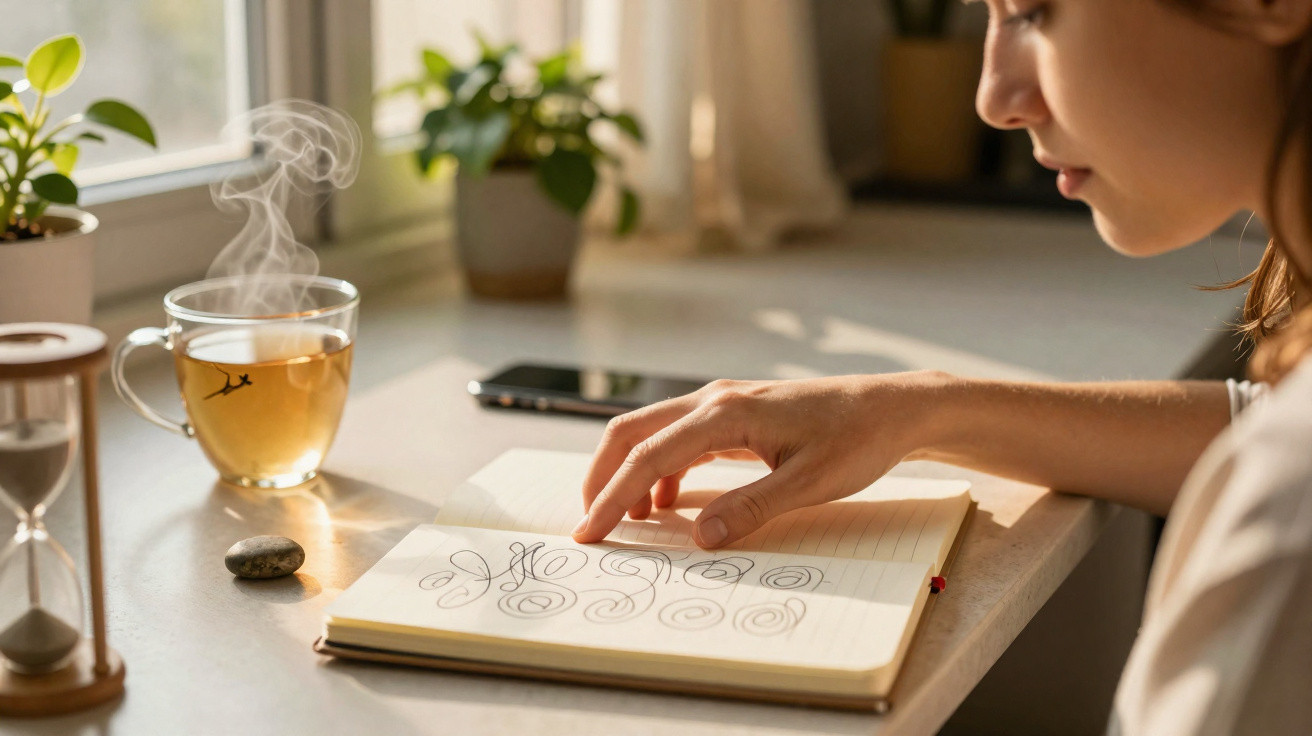 Pessoa a desenhar num caderno, com chá quente e plantas sobre uma mesa iluminada pela luz natural.