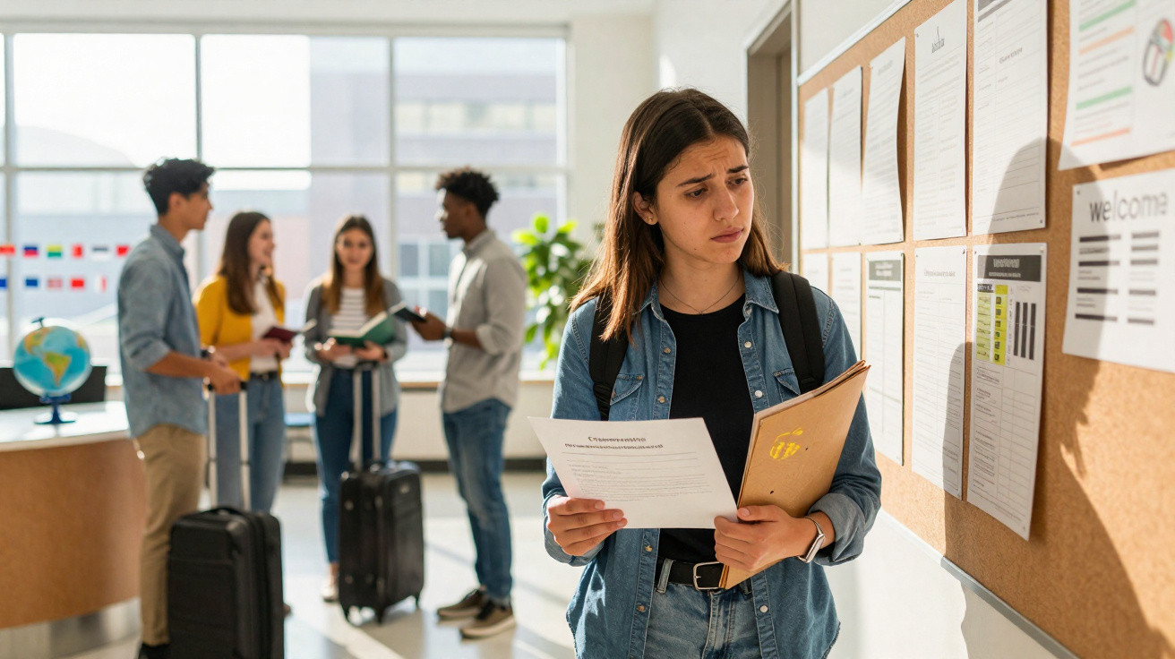 Estudante preocupada a ler avisos num quadro de cortiça, enquanto outros jovens conversam ao fundo com malas.