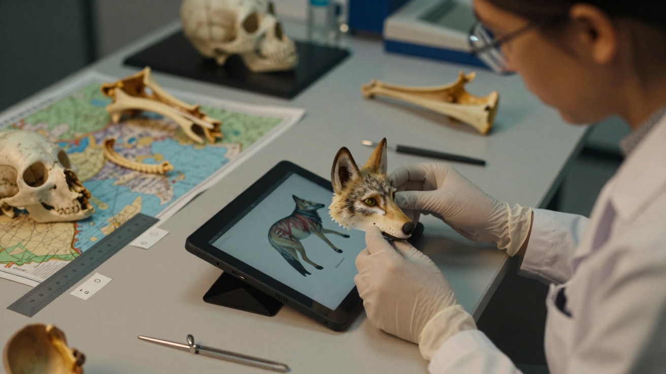 Pessoa a estudar anatomia de um lobo com modelo 3D e crânios em mesa de laboratório.
