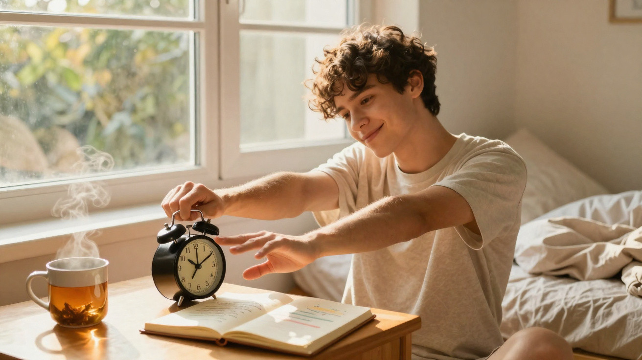 Jovem sentado junto à janela a desligar um despertador numa mesa com chá e livro aberto.