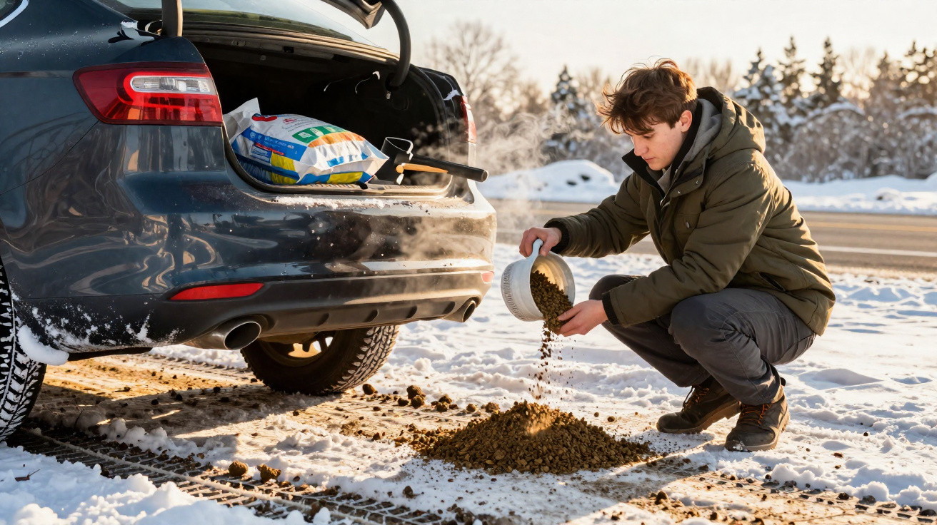 Homem a espalhar comida para animais na neve junto a um carro com bagageira aberta.