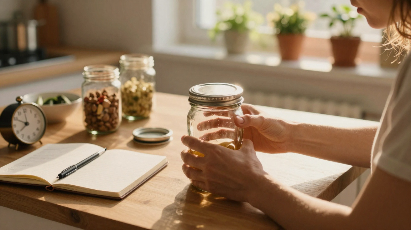 Pessoa a segurar um frasco de vidro numa mesa com frascos de sementes, caderno aberto e um relógio analógico.
