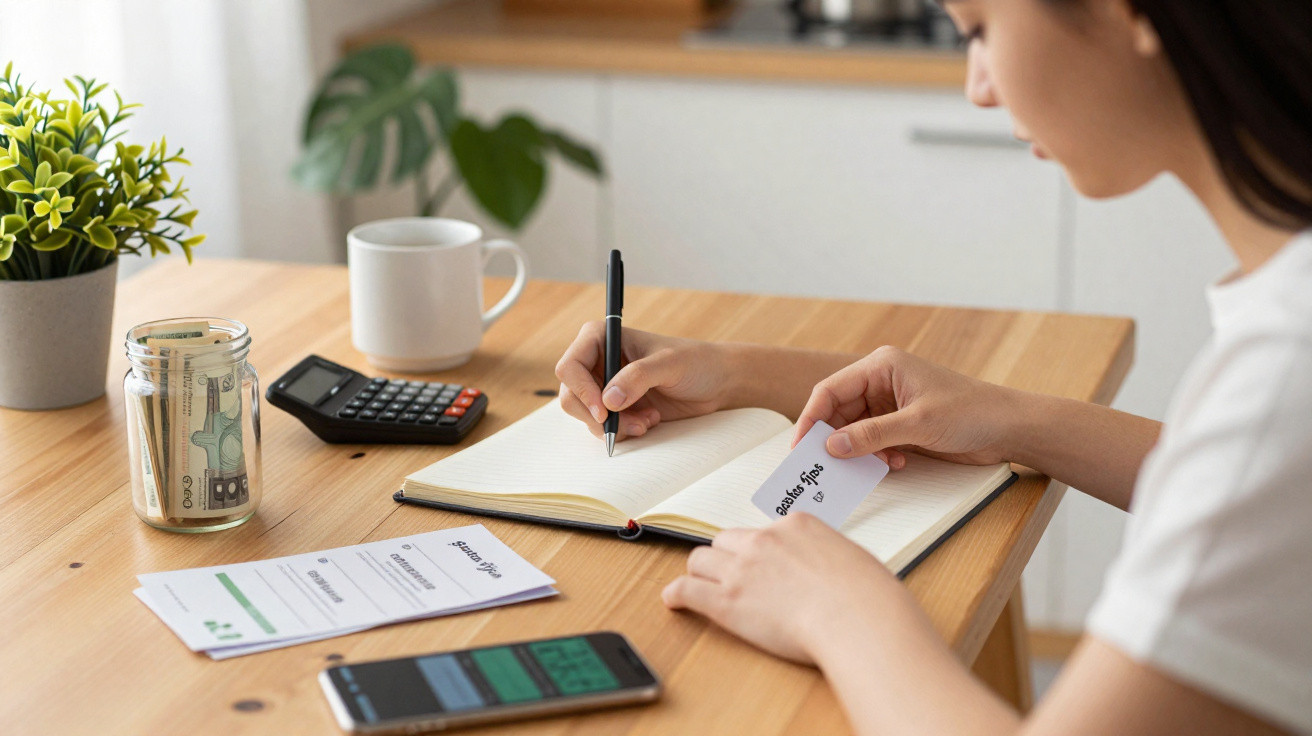 Pessoa a escrever num caderno enquanto gere orçamentos e finanças numa mesa de madeira com calculadora e dinheiro.