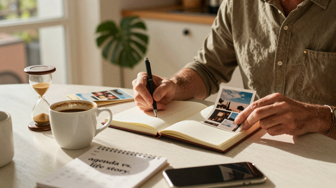 Pessoa a escrever num caderno com uma caneta, segurando fotografias, com café, ampulheta, agenda e telemóvel numa mesa.