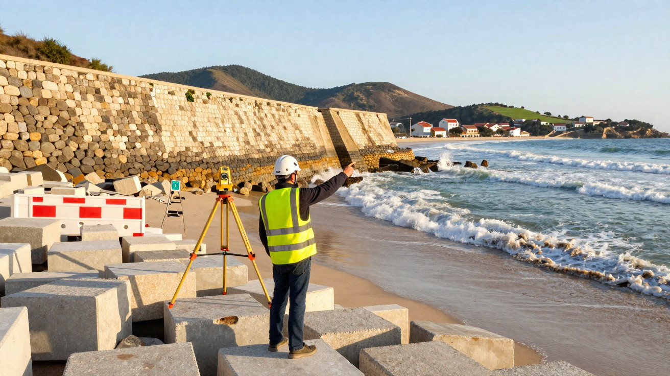 Engenheiro de segurança com colete e capacete a sinalizar no areal junto a muro de contenção e equipamentos de medição.