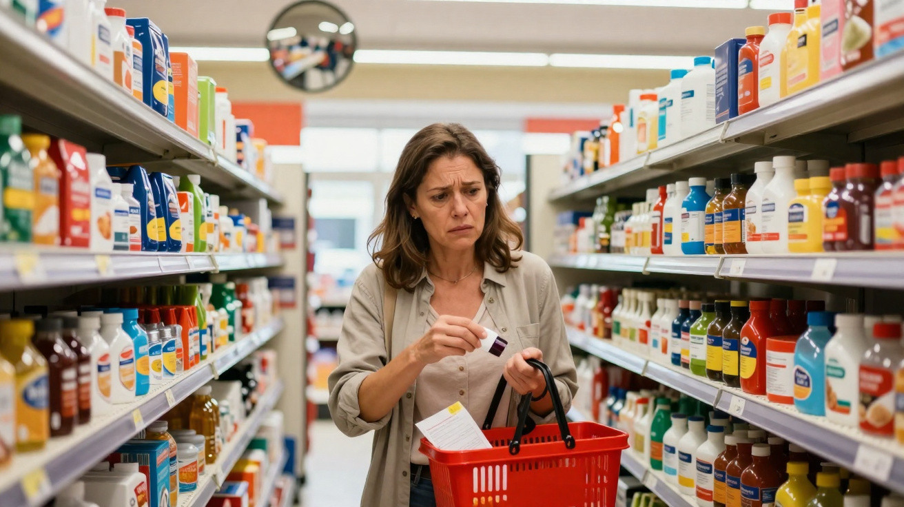Mulher preocupada a segurar um cesto vermelho enquanto examina um produto na prateleira de supermercado.