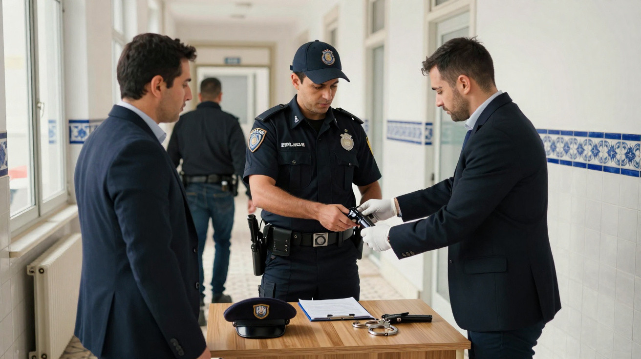 Agente da polícia entrega arma a perito forense numa avaliação numa esquadra.