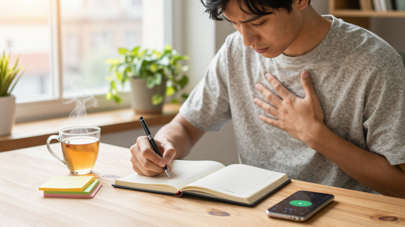 Homem sentado a escrever num caderno, com chá quente, notas e smartphone numa mesa iluminada por luz natural.