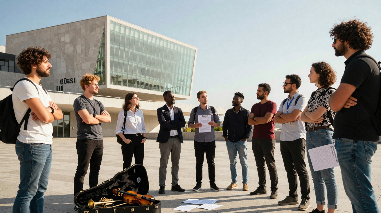 Grupo de jovens em círculo ao ar livre, com instrumentos musicais e documentos no chão, frente a edifício moderno.
