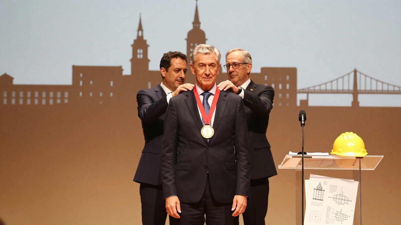 Homem de fato a ser condecorado com medalha por dois homens em evento formal com pódio e capacete amarelo.