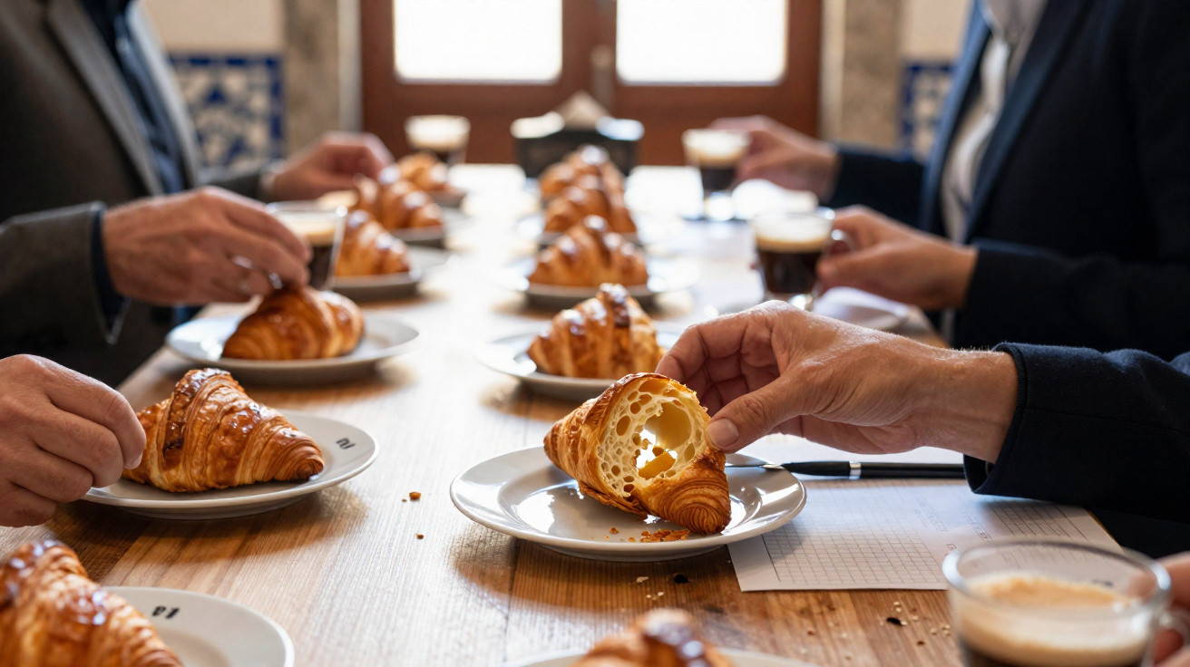 Pessoas a segurar croissants em pratos brancos sobre mesa de madeira durante reunião.