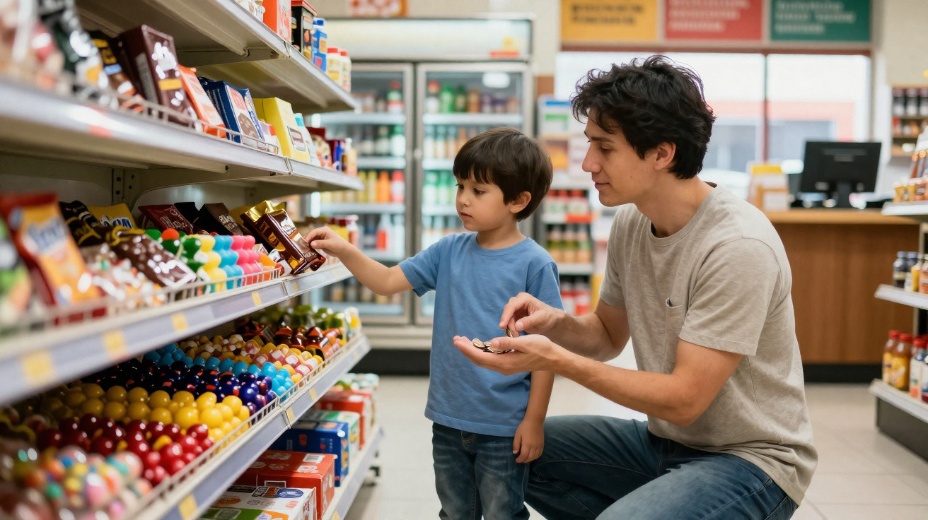 Pai e filho escolhem chocolates numa prateleira de supermercado, com o pai agachado ao lado do filho.