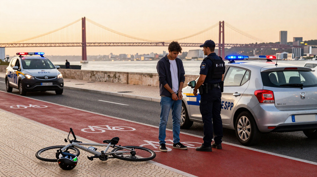 Polícia detém jovem com algemas perto de bicicleta caída em ciclovia, com ponte ao fundo ao pôr do sol.