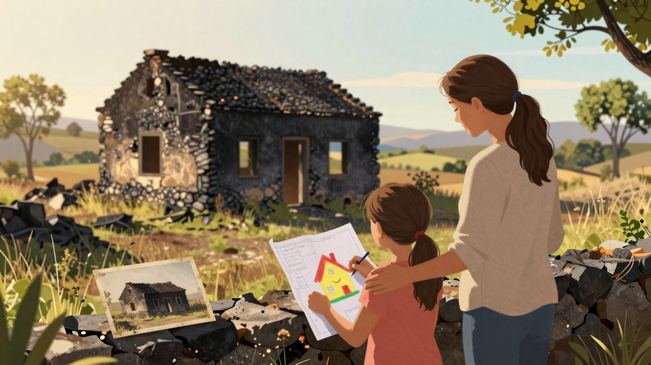 Mulher e criança desenham casa colorida em papel junto a ruínas de antiga casa de pedra no campo.