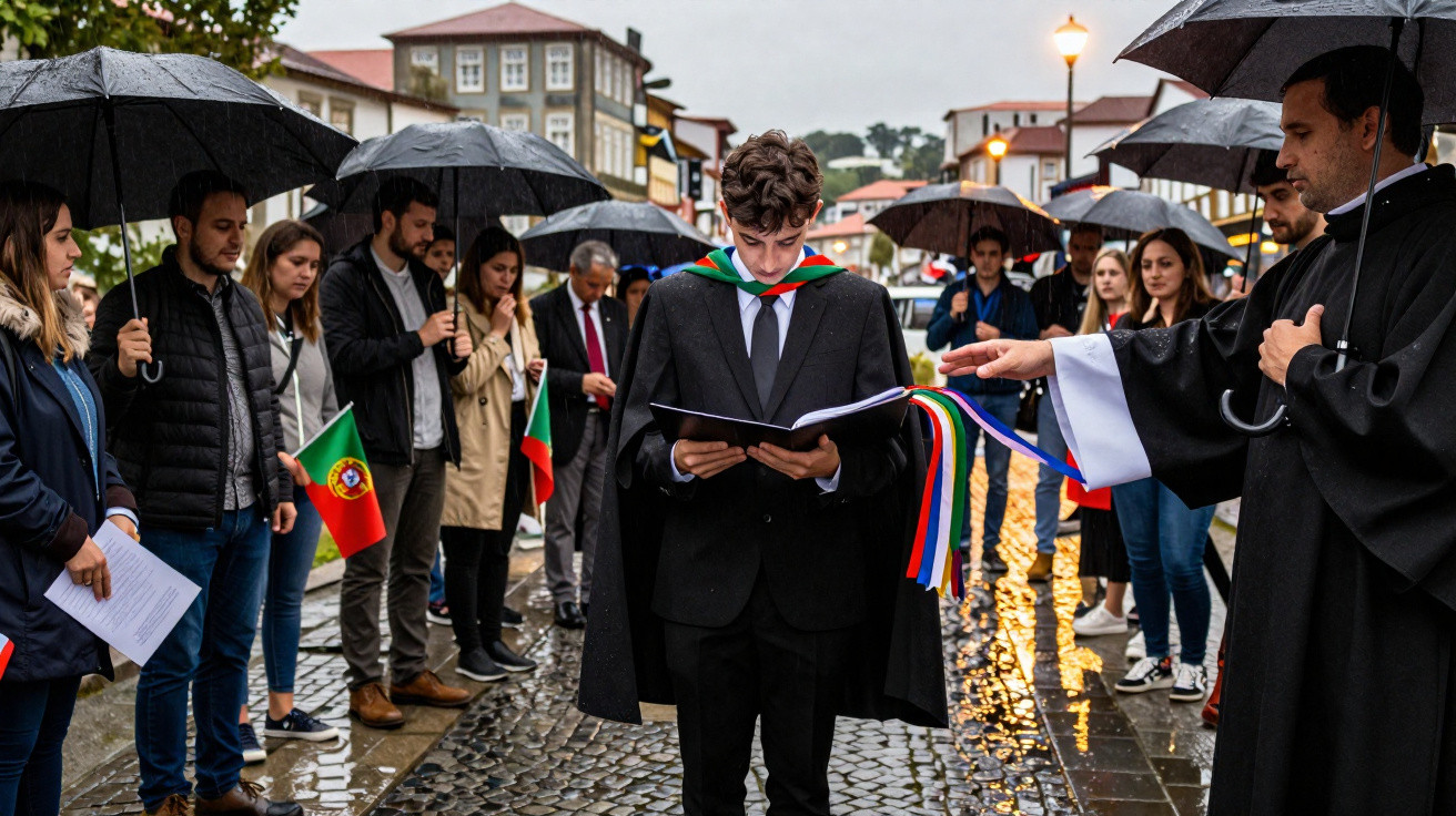 Jovem em cerimónia académica com capa preta e capelo, rodeado por pessoas sob guarda-chuvas numa rua molhada.