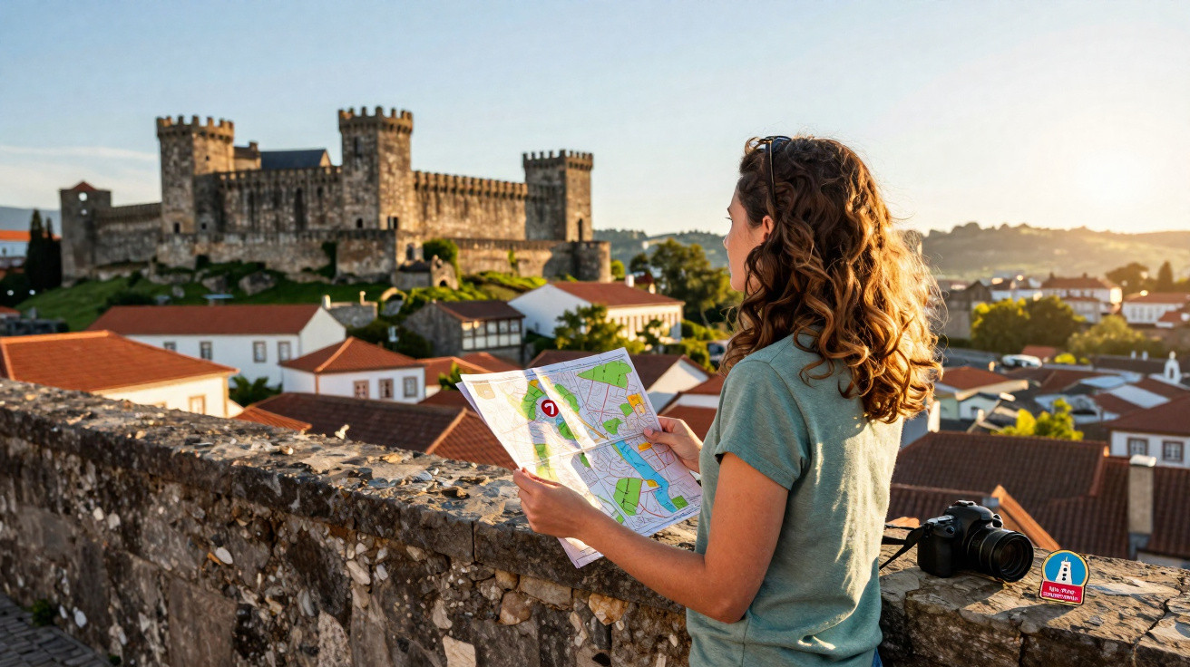 Mulher com mapa na mão contempla castelo antigo e telhados vermelhos ao pôr do sol.