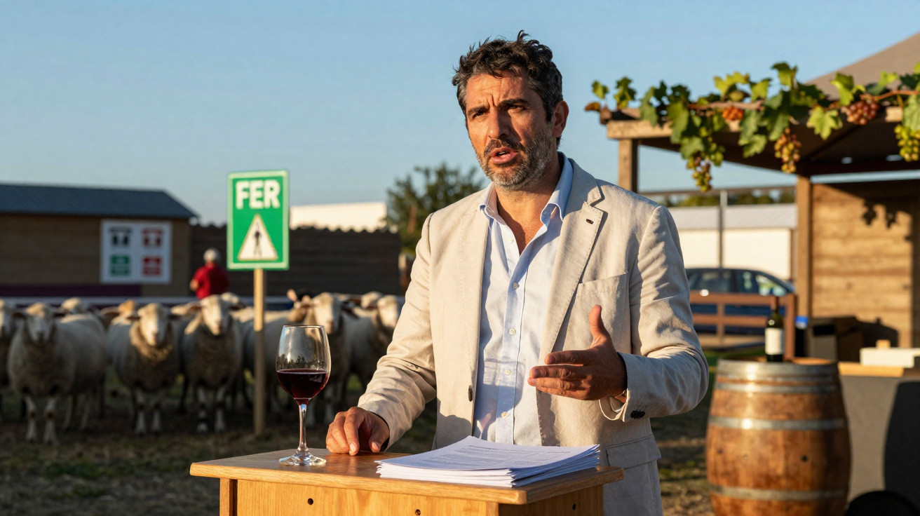 Homem de blazer bege fala ao pé de um púlpito de madeira com copo de vinho e ovelhas ao fundo.