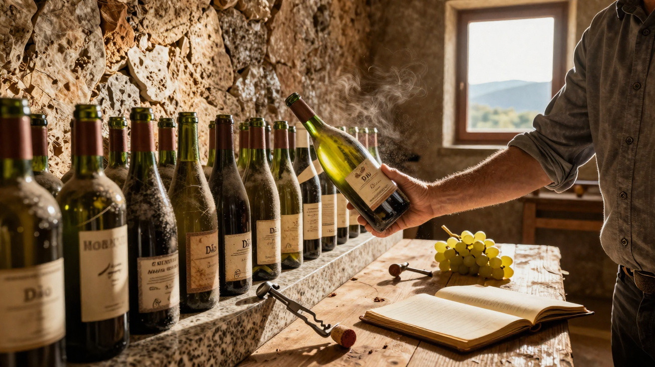 Homem segura garrafa de vinho numa adega rústica com várias garrafas, cacho de uvas e livro aberto numa mesa de madeira.
