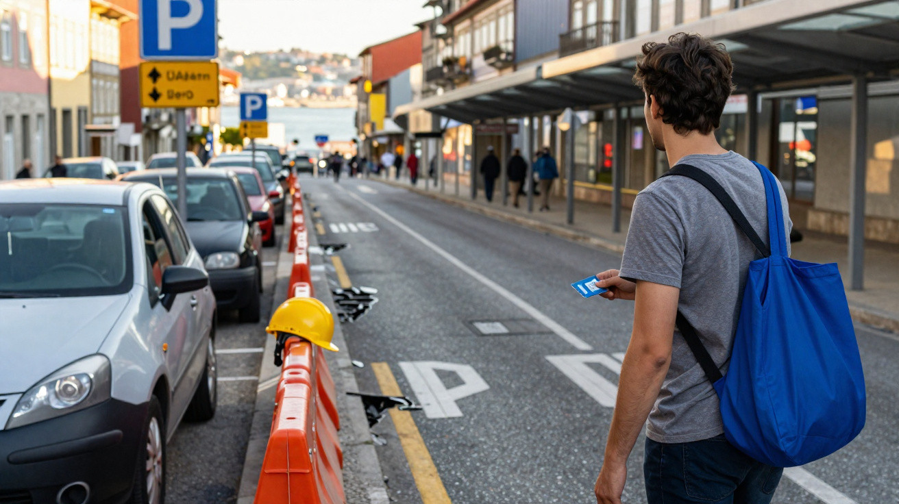 Homem de costas com mochila azul à espera numa rua com carros estacionados e capacete amarelo numa barreira laranja.