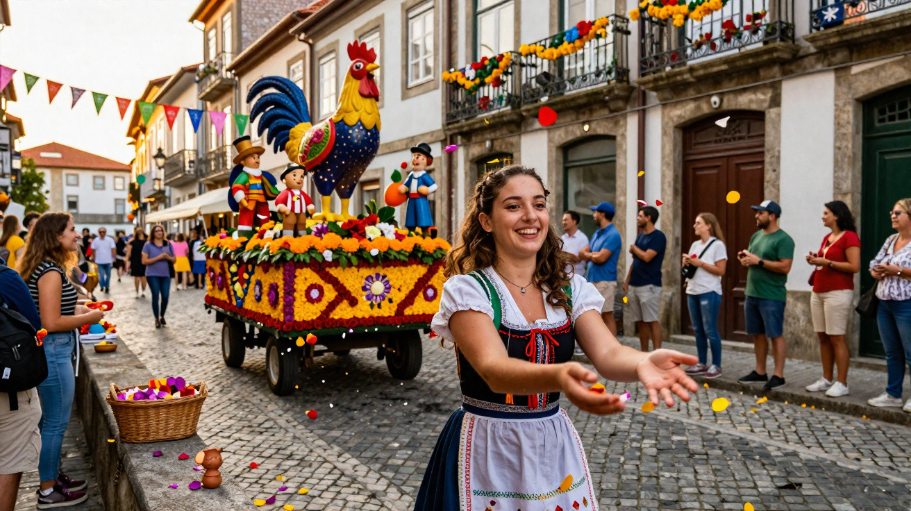 Desfile festivo com mulher em traje tradicional a lançar confetes, carro alegórico com figuras e público nas ruas de cidade.