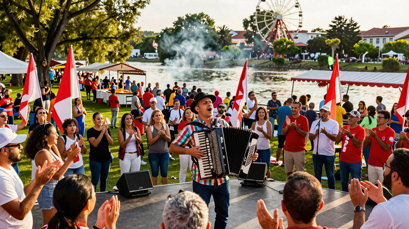 Músico toca acordeão ao ar livre com grupo animado a aplaudir junto a um lago e roda gigante ao fundo.