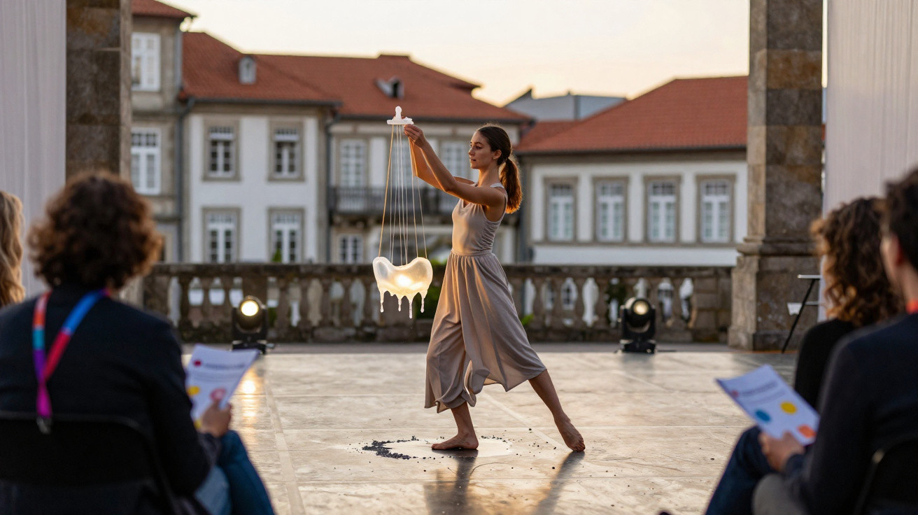 Mulher dança ao ar livre segurando marioneta branca, com público a assistir, em palco com edifícios ao fundo.