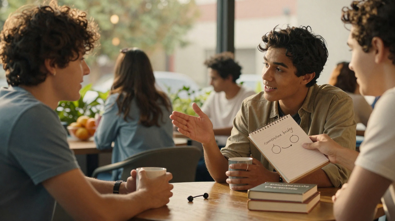 Jovens sentados à mesa numa cafeteria, um a explicar algo com um caderno e chávena na mão.
