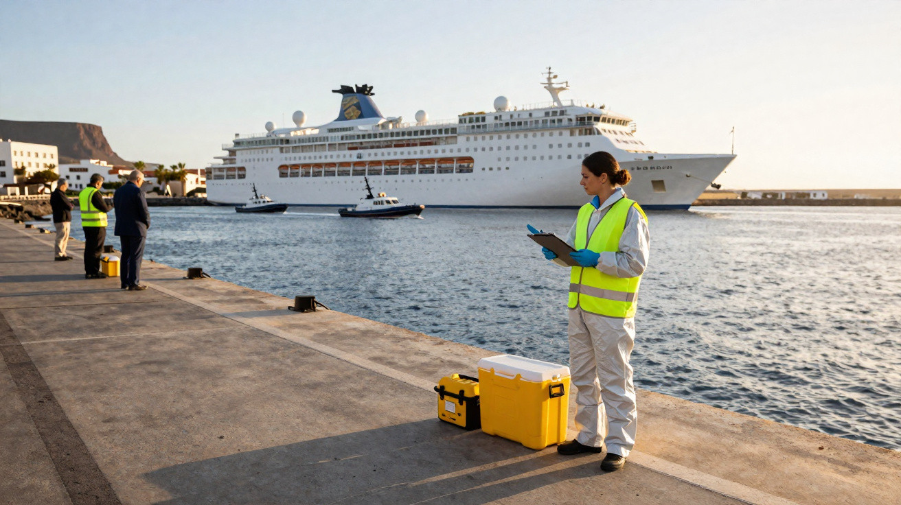 Pessoas com coletes refletivos e equipamento a bordo em cais junto a grande navio de cruzeiro no mar.