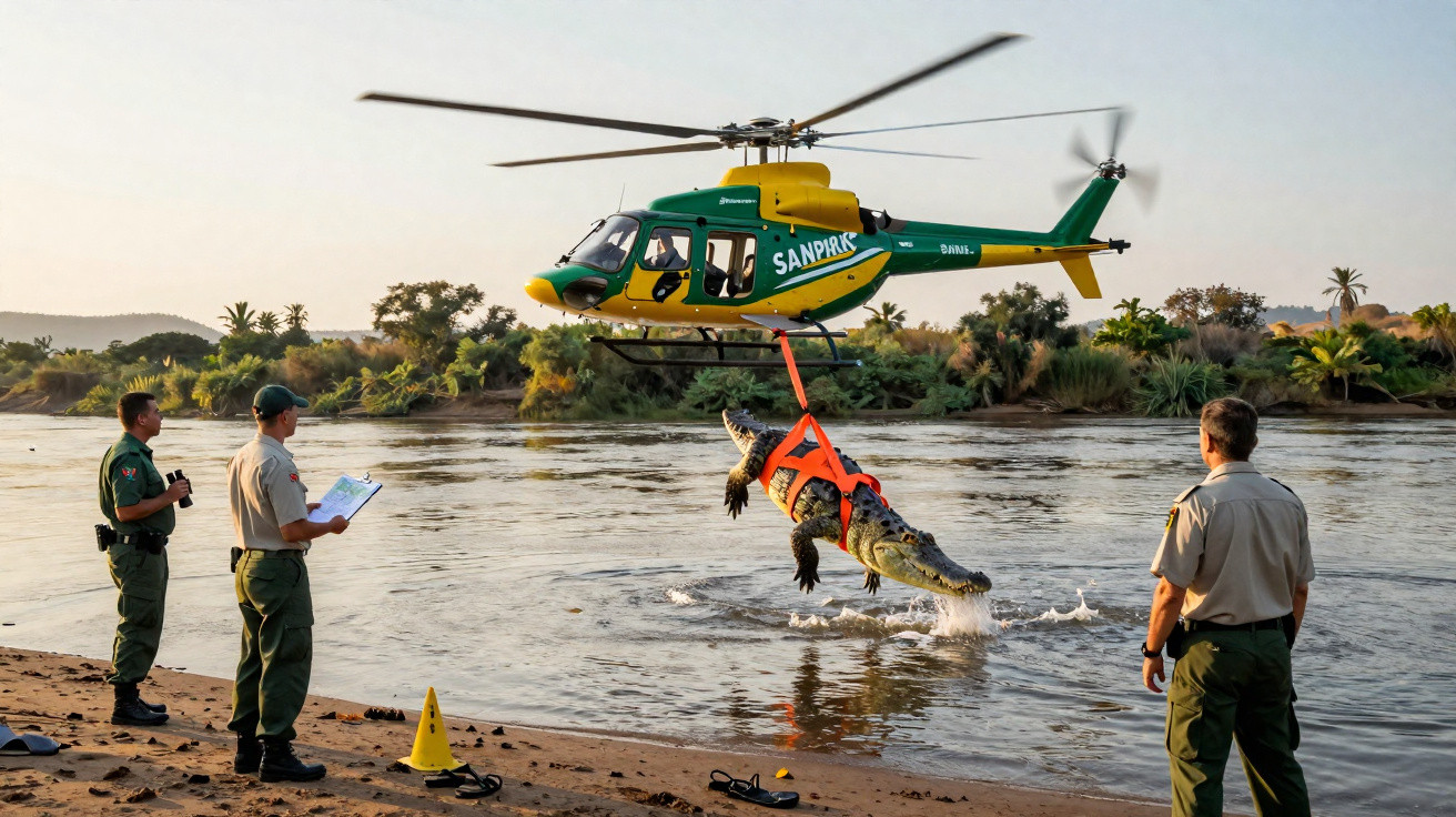 Helicóptero a transportar um crocodilo por um arnês com três técnicos a observar junto a um rio ao pôr do sol.