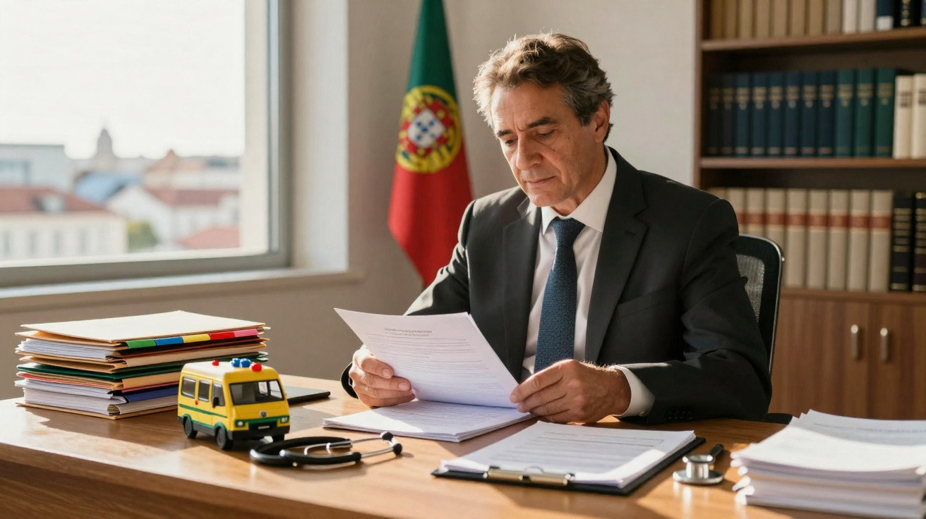 Homem de fato sentado numa secretária a ler documentos, com bandeira de Portugal ao fundo e itens médicos na mesa.