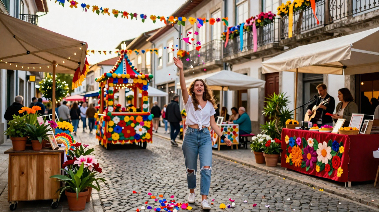 Rua empedrada com decoração colorida de flores e pessoas a celebrar num festival alegre.
