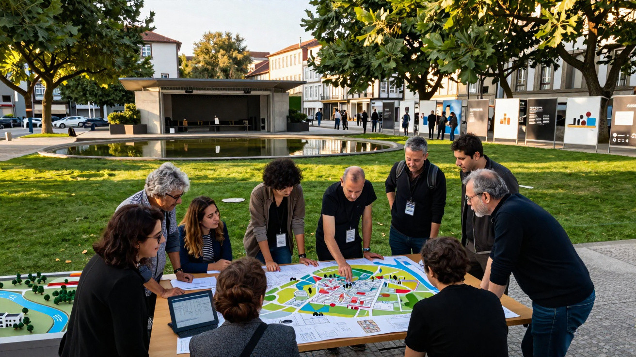 Grupo de pessoas analisando maquete urbana colorida numa mesa ao ar livre num parque.