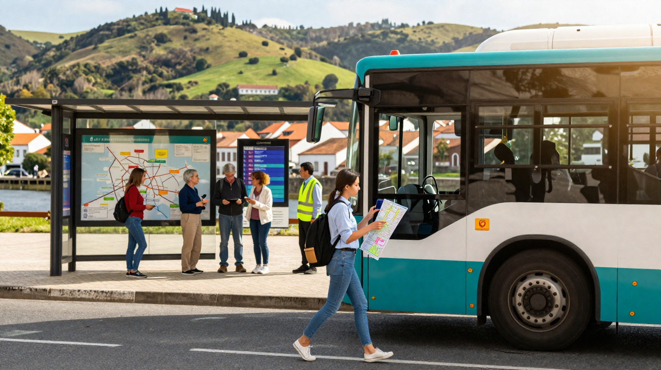 Passageiros à espera e jovem com mapa a caminhar junto a um autocarro numa paragem, com colinas ao fundo.