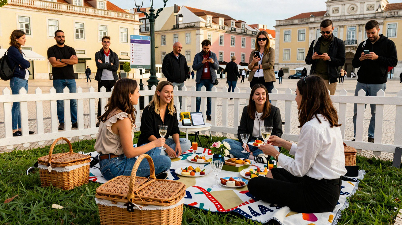 Quatro mulheres fazem piquenique com comida e vinho num parque urbano cercado por sete pessoas em Lisboa.