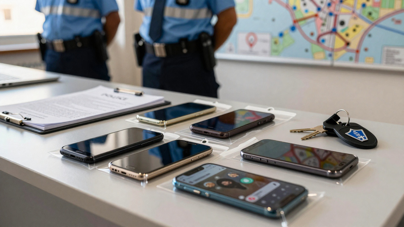 Vários telemóveis e uma chave de carro sobre uma mesa, com dois polícias ao fundo.