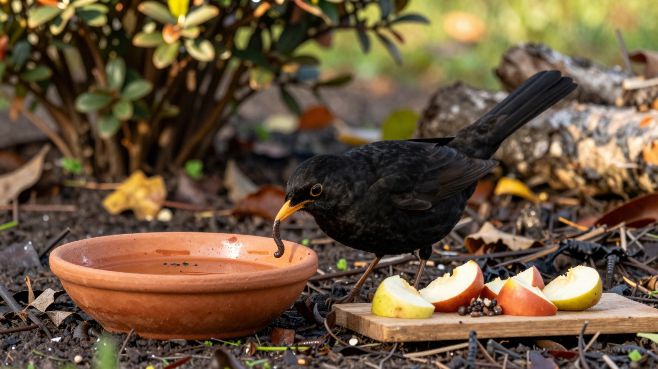 Pássaro preto com bico amarelo segurando uma minhoca perto de um prato de barro e pedaços de maçã.