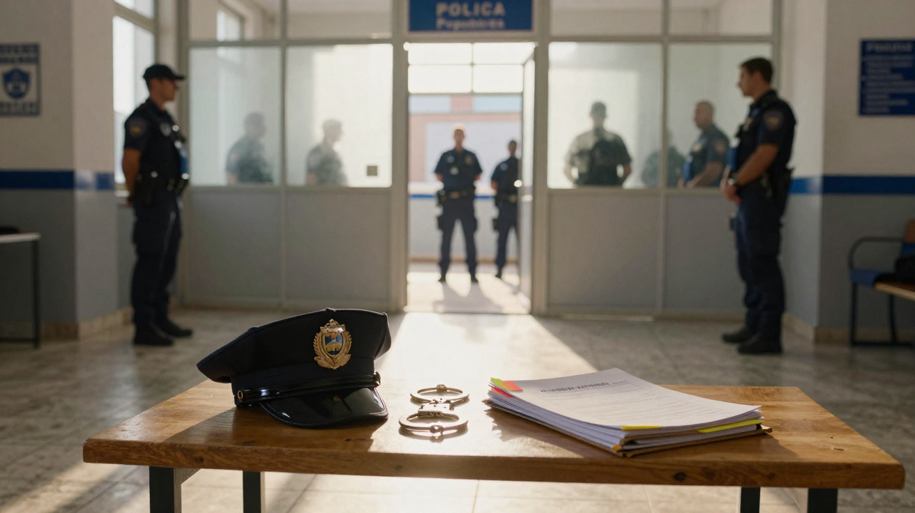 Mesa com chapéu de polícia, algemas e documentos em foco, com polícias em ambiente de esquadra ao fundo.