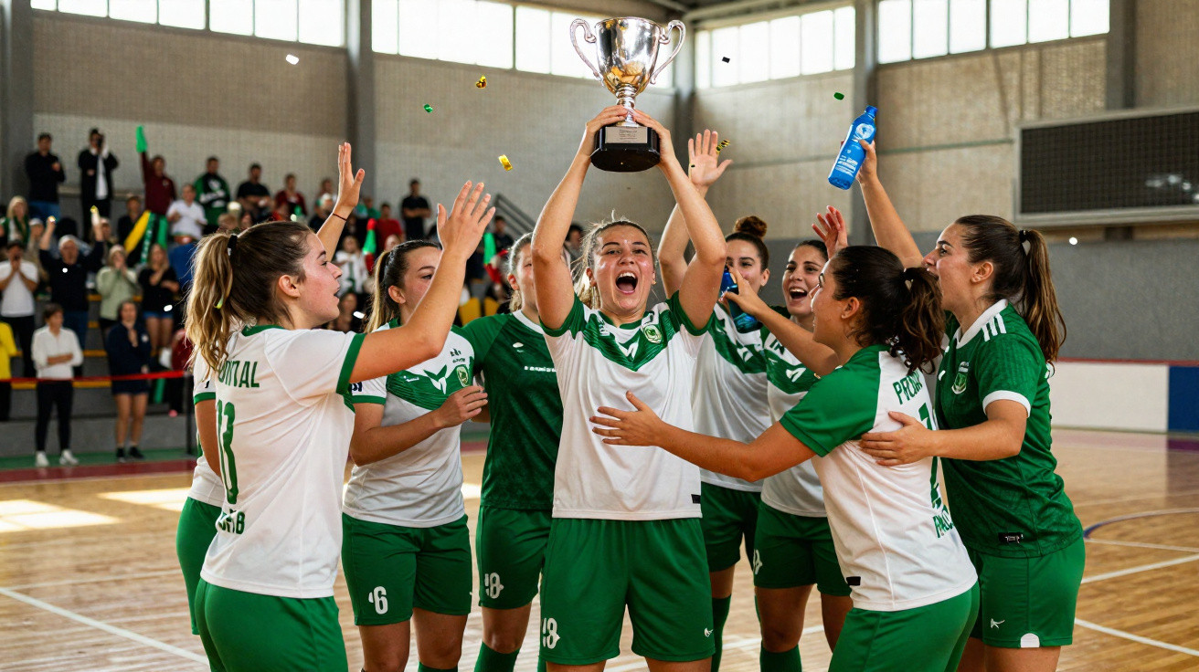 Equipa feminina de futsal celebra vitória com troféu levantado numa quadra desportiva interior.