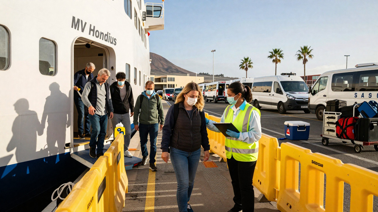 Passageiros desembarcam do barco MV Hondius enquanto funcionário verifica documentos num porto com veículos estacionados.