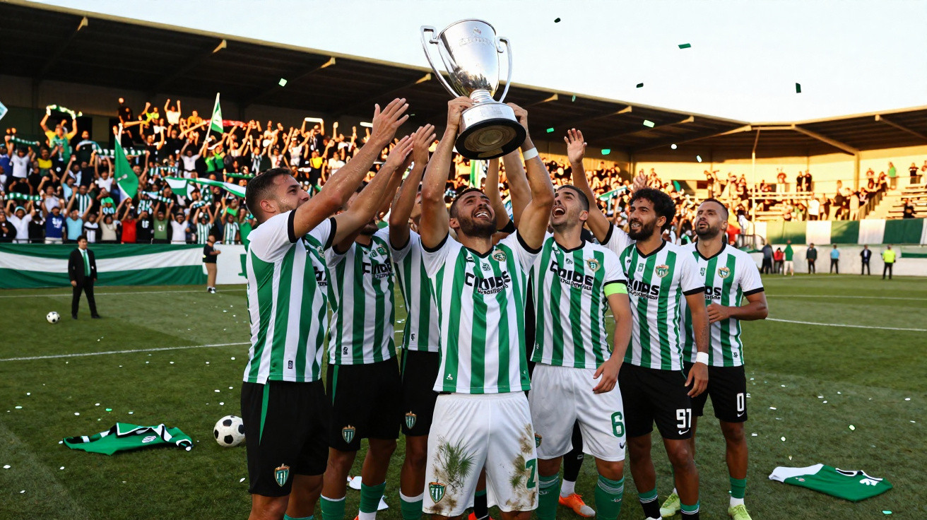Jogadores de futebol com camisolas às riscas verdes e brancas celebram com troféu em estádio com público.