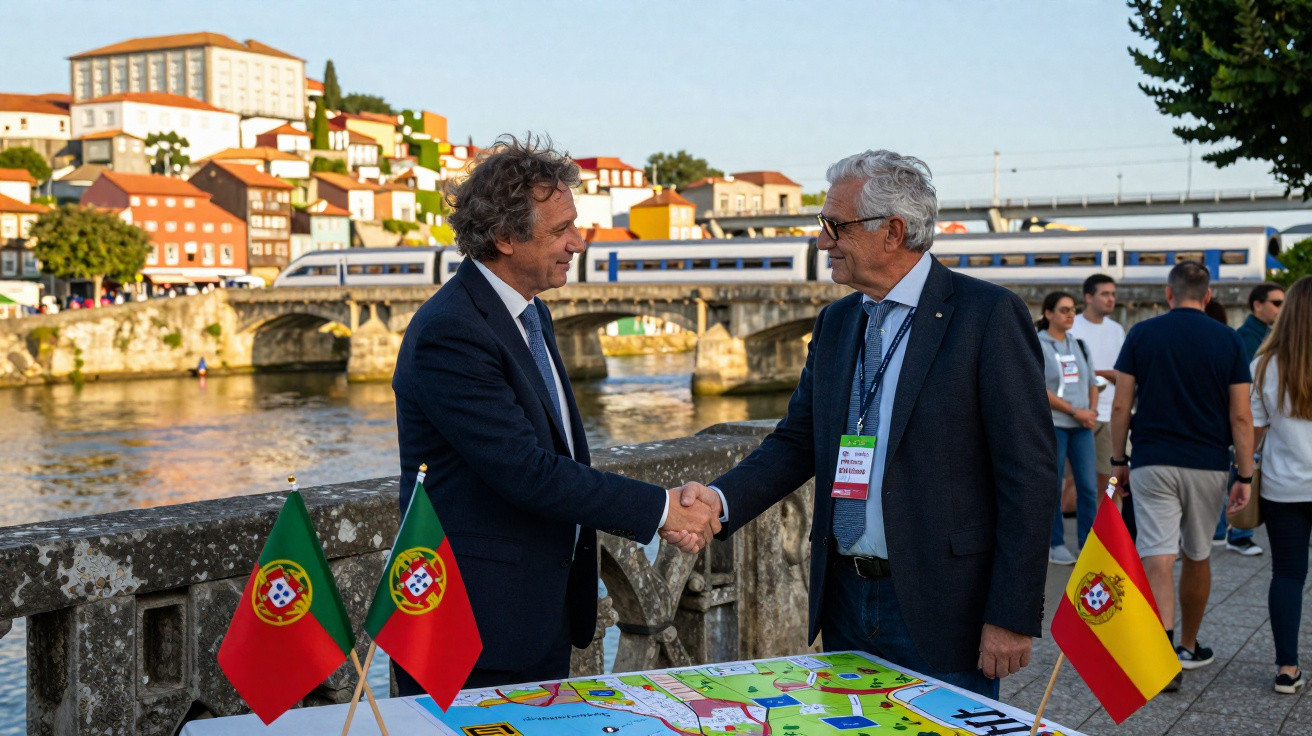 Dois homens de fato apertam as mãos junto a uma mesa com placas e bandeiras de Portugal e Espanha, junto a um rio.