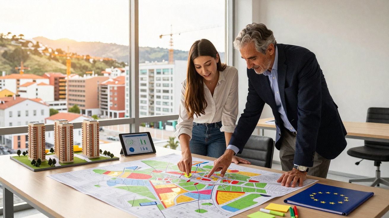 Duas pessoas a analisar maquete e mapas urbanos numa sala com vista para cidade e colinas ao fundo.