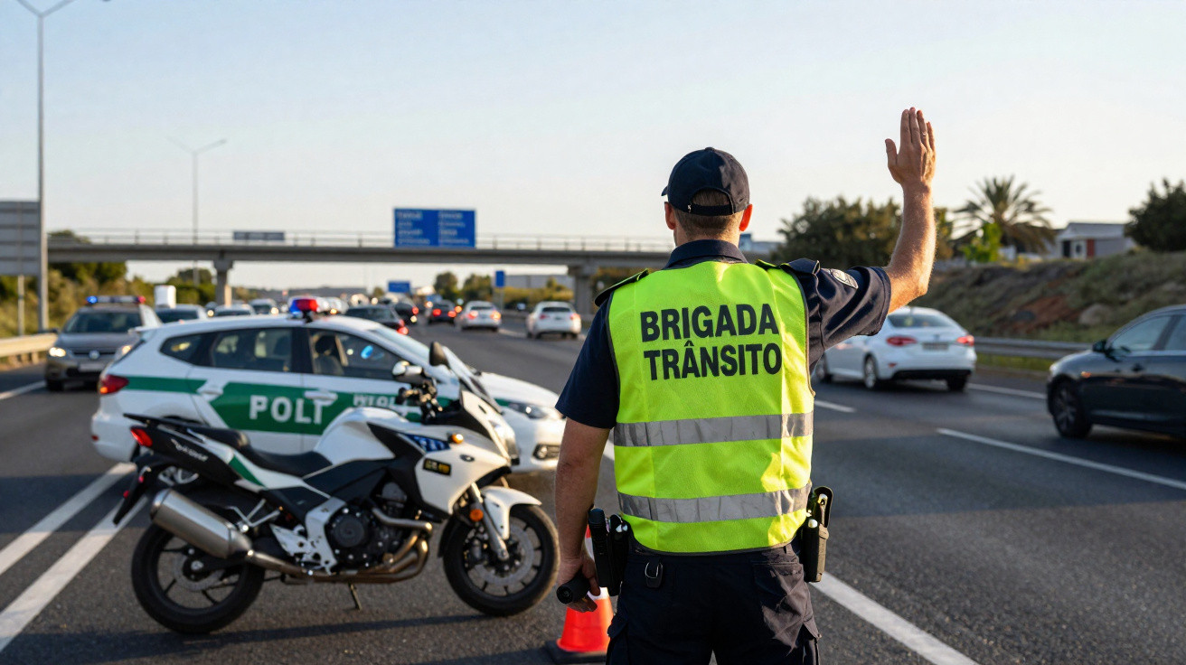 Agente da brigada de trânsito a controlar o trânsito numa estrada movimentada com viatura policial e motocicleta.