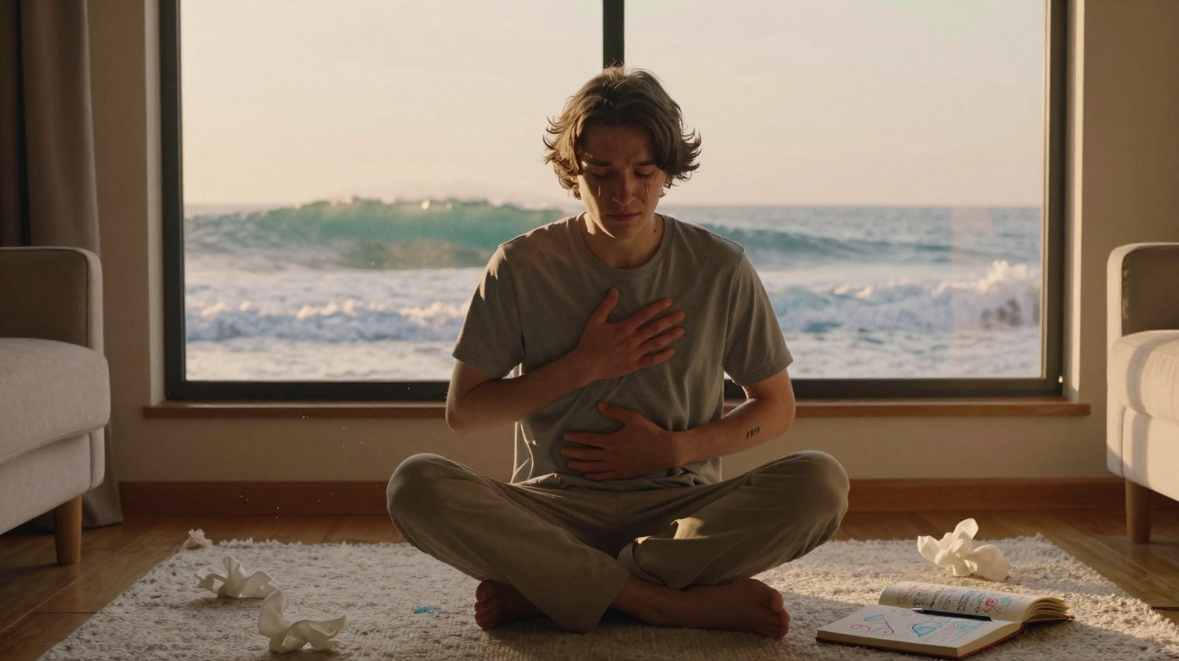 Jovem sentado no chão com as mãos no peito e abdómen, janela mostra oceano ao fundo, luz suave natural.